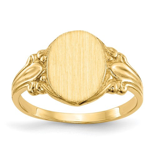 14k gold closed back signet ring with 8.0x10.0mm face, crafted by Solomon Jewelers, showcasing a polished, classic jewelry design.
