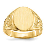 14k gold open back men's signet ring with 11.5x15.0mm face, crafted by Solomon Jewelers, shown from the front view.