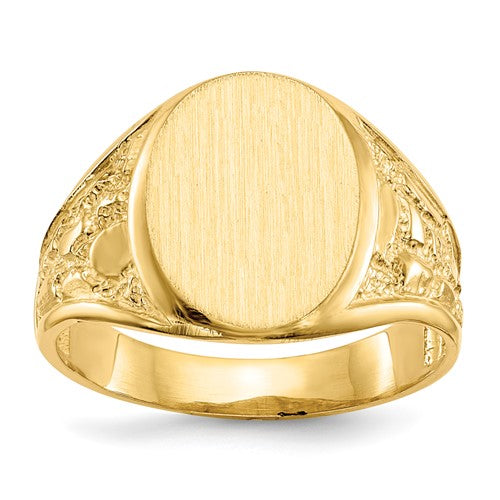 14k gold open back men's signet ring with 11.5x15.0mm face, crafted by Solomon Jewelers, shown from the front view.