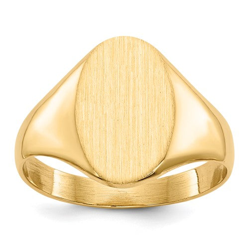 14k gold closed back signet ring with 8.5x12mm size, featuring a polished smooth surface, crafted by Solomon Jewelers.