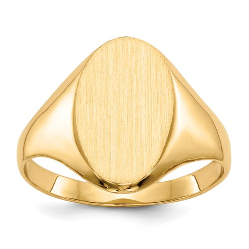 14k gold closed back signet ring with 8.5x14mm face, crafted by Solomon Jewelers, displayed on a white background.
