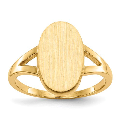 14k gold signet ring with 8.5x14.5mm closed back design, showcasing a smooth, polished surface and classic jewelry style.