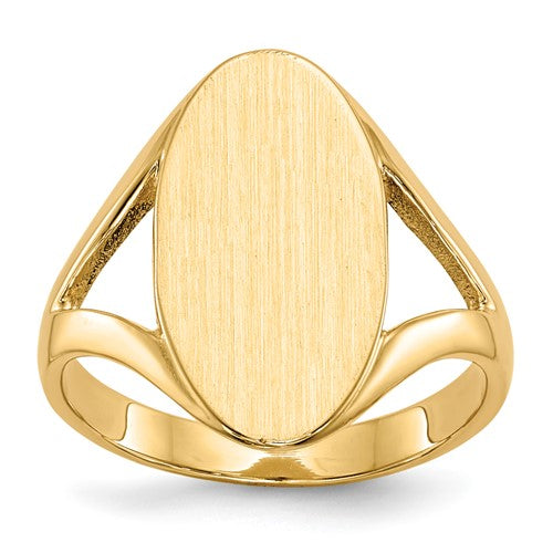 14k gold closed back signet ring with 9.0x16.5mm face, classic jewelry ring from Solomon Jewelers.