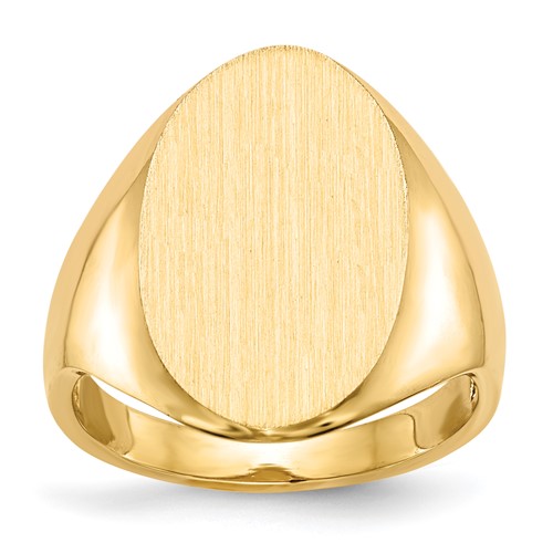 14k gold open back signet ring with 12x17mm rectangular face, jewelry ring from Solomon Jewelers, detailed and stylish design