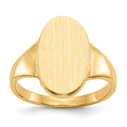 14k gold closed-back signet ring with 9.0x14.5mm face, showcasing detailed craftsmanship, jewelry ring by Solomon Jewelers.