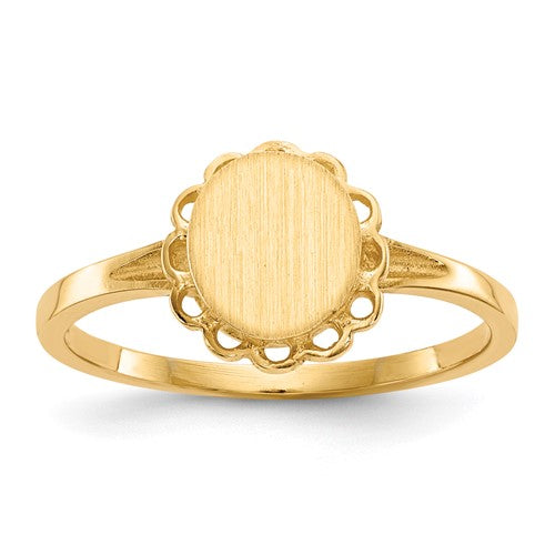 14k gold open back signet ring featuring 6.5x7.0mm dimensions, crafted by Solomon Jewelers, showcasing a detailed jewelry ring.