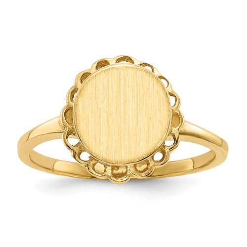 14k gold open back signet ring with 8.5x9.0mm face, featuring a smooth, polished design from Solomon Jewelers.