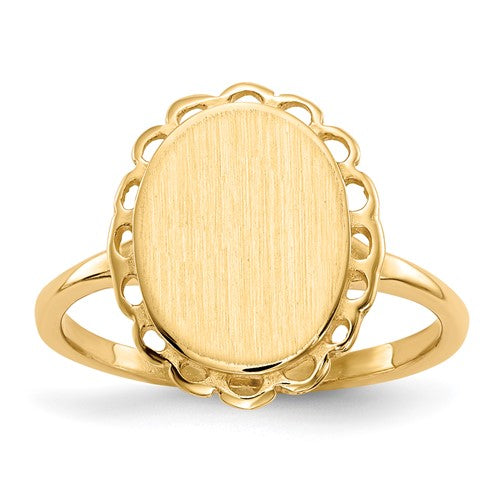 14k gold open back signet ring with 9.0x11.5mm face, crafted by Solomon Jewelers, displayed on a neutral background.