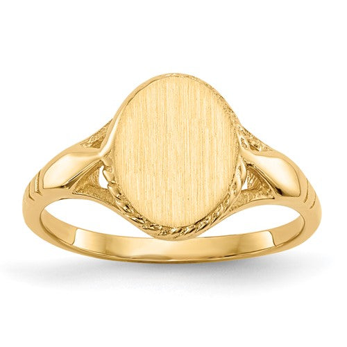 14k gold child's signet ring with open back, 8.5x6.5mm size, featuring a smooth polished surface and classic design.