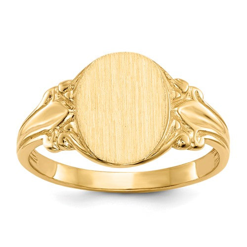 14k gold open back signet ring with 8.0x10.0mm face, featuring a classic design, jewelry ring from Solomon Jewelers.