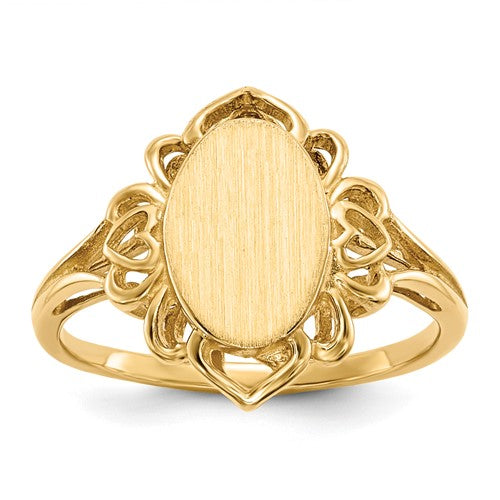 14k gold open back signet ring with 7.5x10.5mm face, classic jewelry ring from Solomon Jewelers, shown from the front angle.
