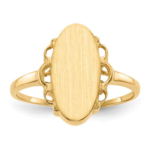 14k gold open back signet ring with 7.0x14.5mm dimensions, showcasing detailed craftsmanship and classic jewelry style.