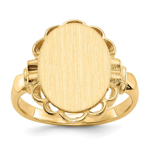 14k gold open back signet ring featuring a 10.5x14.0mm face, crafted by Solomon Jewelers, showcasing detailed jewelry design.