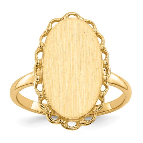 14k gold open back signet ring with 9.0x16.0mm face, showcasing detailed design and craftsmanship in jewelry ring image.