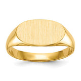 14k gold children's signet ring with closed back, measuring 6.25x11.5mm, from Solomon Jewelers, showcasing detailed craftsmanship.