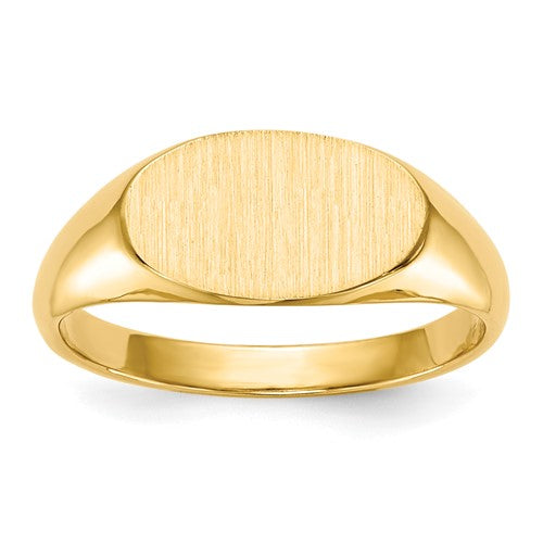 14k gold children's signet ring with a closed back, measuring 11.0x6.5mm, from Solomon Jewelers.