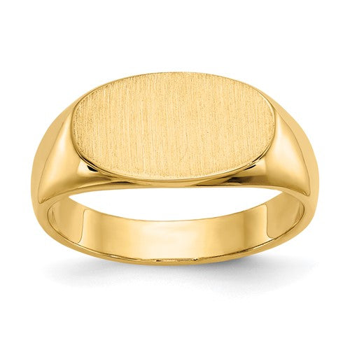 14k gold closed back signet ring with 13.5x8.0mm face, jewelry ring by Solomon Jewelers, showcasing a polished, elegant design.