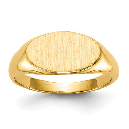14k gold open back child's signet ring with 6.5x11mm dimensions, featuring a classic design from Solomon Jewelers.