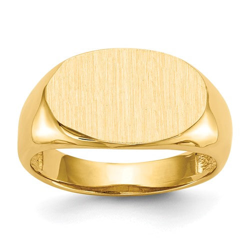 14k gold open back signet ring with 15.0x9.0mm face, crafted by Solomon Jewelers, showcasing fine jewelry craftsmanship.