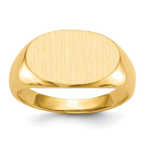 14k men's open back signet ring with 17.0x11.0mm face in gold, detailed jewelry image showing side view.