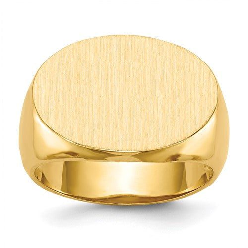 14k gold open back men's signet ring with 20.5x14.0mm face, crafted by Solomon Jewelers, displayed on a white background.