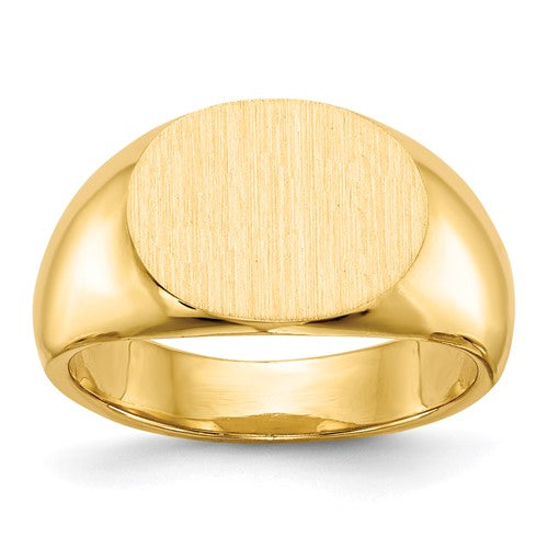 14k gold closed back signet ring with 12.5x9.5mm face, jewelry ring from Solomon Jewelers, showing detailed craftsmanship.
