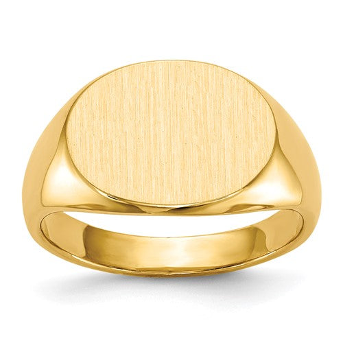 14k gold men's signet ring with a 16x12mm closed back design, showcasing a polished and elegant jewelry piece.