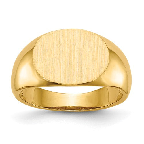 14k gold open back signet ring with 12.5x9.5mm face, jewelry ring from Solomon Jewelers, showcasing detailed craftsmanship.