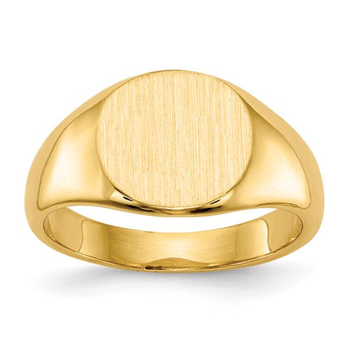 14k gold child's signet ring with 8.5x8.5mm closed back design, crafted by Solomon Jewelers.