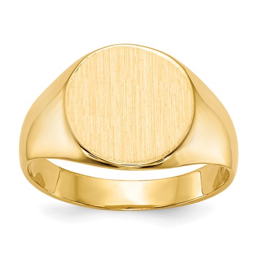 14k gold signet ring with a 10.5x11.0mm closed back design, showcasing a sleek, polished jewelry ring from Solomon Jewelers.