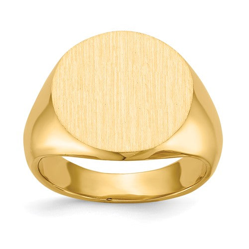 14k gold signet ring with a 15.5x15.0mm closed back design, crafted by Solomon Jewelers.