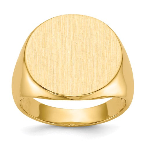 14k gold men's signet ring with a closed back, measuring 18.0x17.5mm, crafted by Solomon Jewelers.
