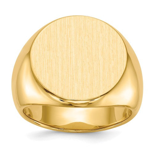 14k gold men's signet ring with 18x18mm closed back design, crafted by Solomon Jewelers, showcasing the detailed ring profile.