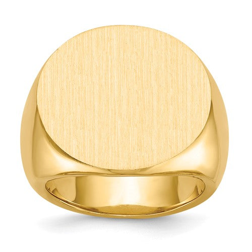 14k gold men's signet ring with a 21.0x21.5mm closed back design, featuring a polished finish, jewelry ring from Solomon Jewelers.