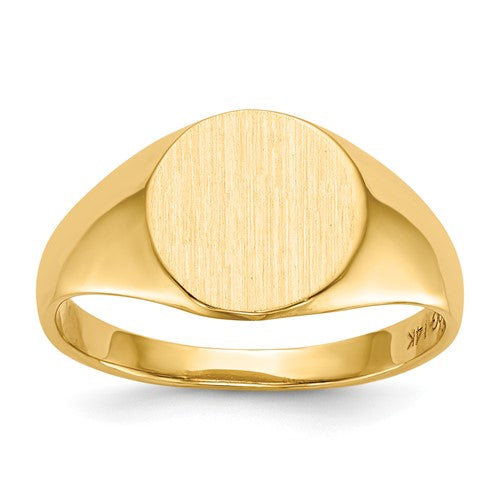 14k gold open back signet ring with 9.5x10mm face, showcasing a classic jewelry design with a smooth band and polished finish.
