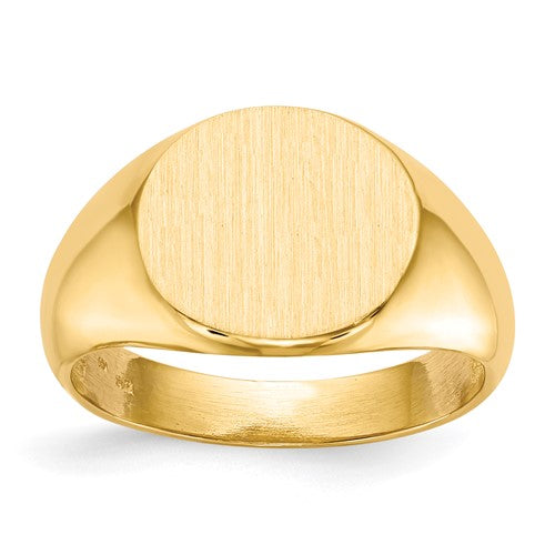 14k gold open back men's signet ring with 13.5x12.5mm face, showcasing polished jewelry design and craftsmanship.