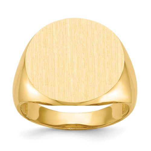 Open back men's signet ring in 14k gold with 18.0x17.5mm face, featuring a sleek, polished design from Solomon Jewelers.