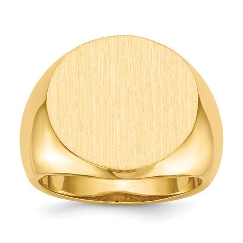 14k gold open back men's signet ring with 18x18mm face, featuring a sleek design, by Solomon Jewelers.