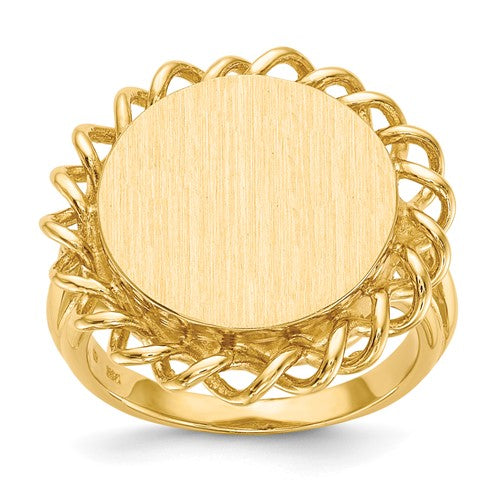 14k gold open back signet ring with a 15.0x14.5mm face, crafted by Solomon Jewelers, displaying intricate design details.