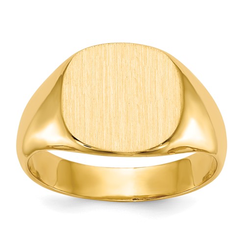 14k gold men's signet ring with 13.5x12.5mm closed back design, showcasing a polished finish and classic jewelry style.