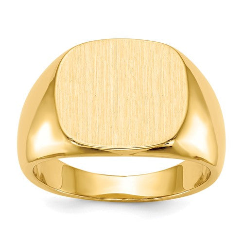 14k gold men's signet ring with a 15.0 x 13.5mm closed back design, crafted by Solomon Jewelers.