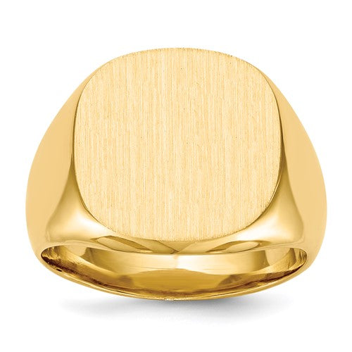 14k gold men's signet ring with a 17.0x16.0mm closed back design, crafted by Solomon Jewelers.