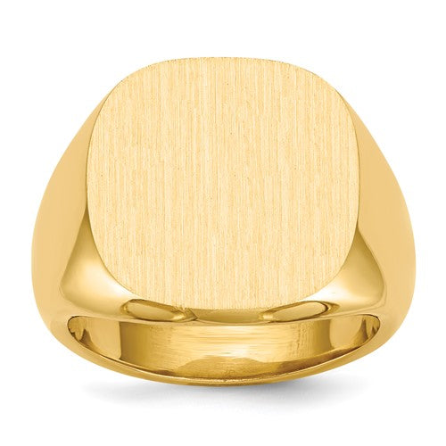 14k gold men's signet ring with 17mm square face, closed back design, crafted by Solomon Jewelers.