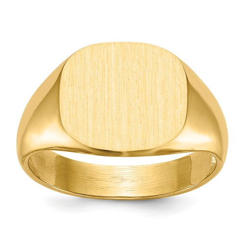 14k gold open back men's signet ring with 13.5x12mm face, featuring a classic design, from Solomon Jewelers.
