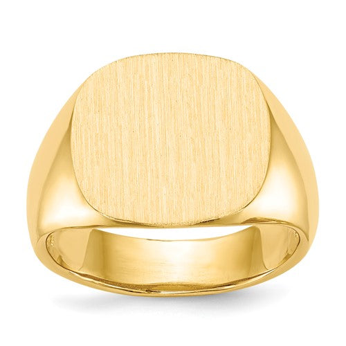 14k gold open back men's signet ring with 15.0x15.5mm face, jewelry ring by Solomon Jewelers, shown from the front.