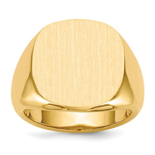 14k gold men's signet ring with an open back, 17x17mm size, crafted by Solomon Jewelers.