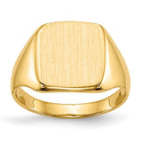 14k gold closed back signet ring with 10x10mm rectangular face, crafted by Solomon Jewelers, showcasing detailed jewelry design.