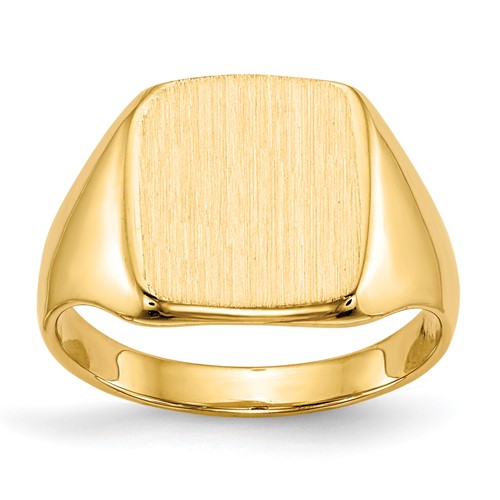 14k gold closed back signet ring with 10x10mm rectangular face, crafted by Solomon Jewelers, showcasing detailed jewelry design.