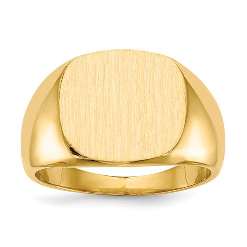 14k gold men's signet ring with a 15.5x14.0mm closed back design, crafted by Solomon Jewelers.