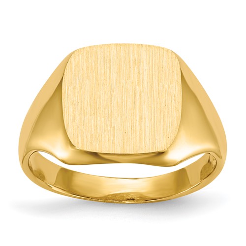14k gold open back signet ring with 10x10mm face, showcasing a classic jewelry design from Solomon Jewelers.